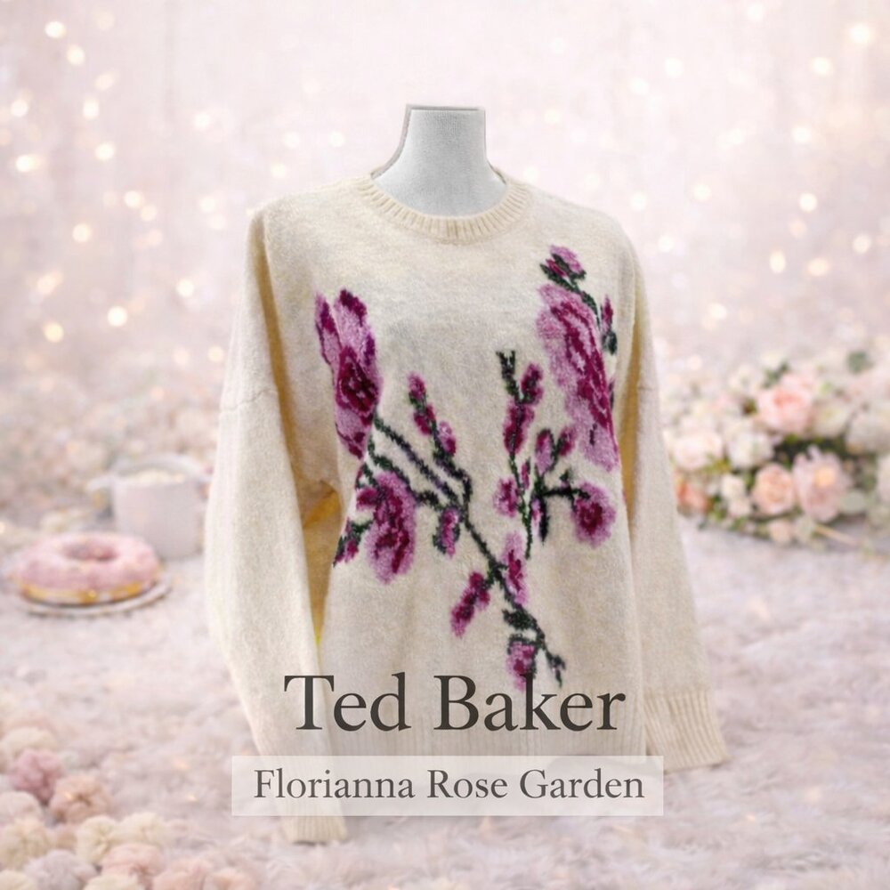 NWT Ted Baker London Florianna Rose Garden Floral Knit Sweater Cream Ivory L